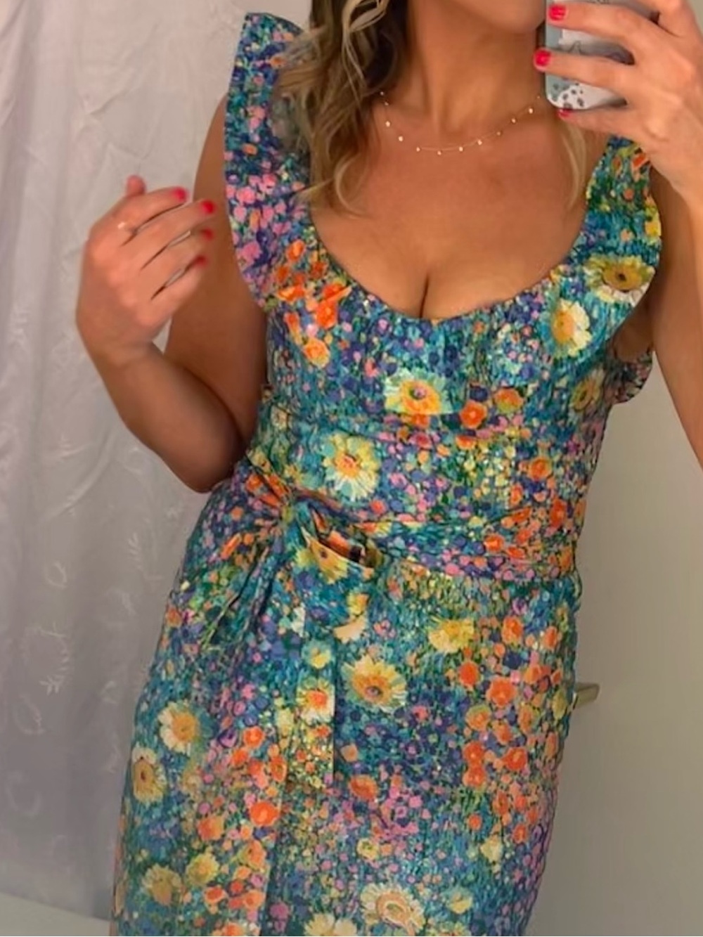 Show Me Your MuMu Teal Floral Midi Dress with Orange and Yellow Accents